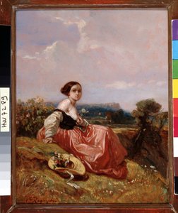 Young Girl in the Hat in Front of the Sainte Mountain Victoire by Camille Joseph Etienne Roqueplan