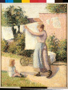 Woman stretching linen