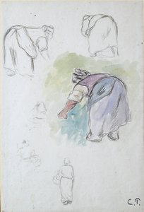 Sheet of studies: four studies of a female peasant bending, and two studies of a woman holding a basin