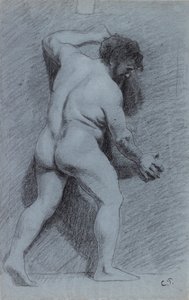 Study of a male nude posed against a wall seen in profile facing right, 1856-1860