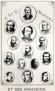 Louis Riel (1844-85) and his assassins, illustration from Le Gibet de Regina, published 1886 by Canadian School