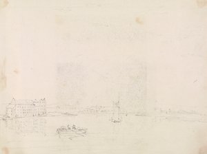 Sketch of Boats and a Large Building, from Across the Medina River by Capt. Thomas Hastings