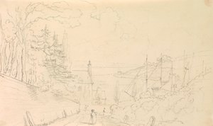 Sketch of a Road Descending to the Shore with Docked Ships by Capt. Thomas Hastings
