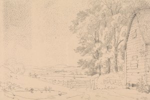 Sketch of a Thatched Roof Building and a River Beyond by Capt. Thomas Hastings