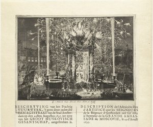 Fireworks celebrating the arrival of the embassy of Muscovy in Amsterdam, 1697 by Carel Allard