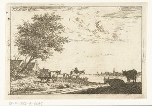 River Landscape with Farmer and Cows by Farm (Landscapes series) by Carel Frederik Bendorp (I)