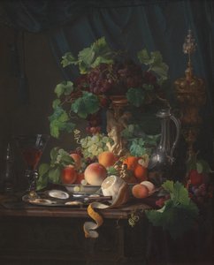 Still Life with Wine Glass, Oysters, Lemon, and Other Fruits by Carl Balsgaard