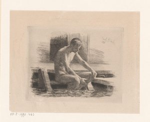 Naked Man Sitting on Steps by Water
