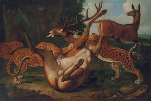 Leopards attacking deer in a landscape by Carl Borromaus Andreas Ruthart