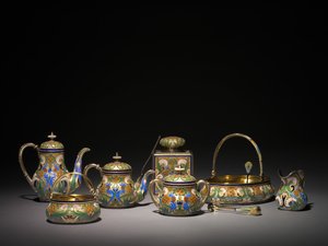 Hot Water Pot, Covered Sugar Bowl, Tea Caddy, Teapot, Sugar Tongs, Lemon Fork, Sugar Basket, Cake Basket, Cream Pitcher, Tea Strainer and Sugar Sifter, before 1896 and 1896-1906