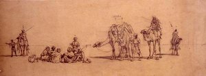 Figures and camels in the desert