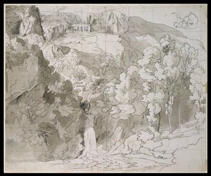Landscape near Subiaco with a Waterfall and San Benedetto Monastery by Carl Philipp Fohr