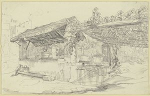 Thatched Well House and Wash Trough beside a Vine Arbor by Carl Philipp Fohr