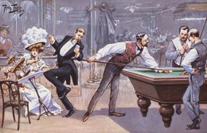Comical scene in a billiards hall