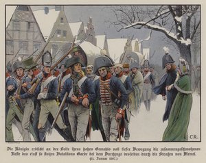 The Remainder of the Prussian Army Marching Past King Frederick William III and Queen Louise Through the Streets of Memel by Carl Röchling