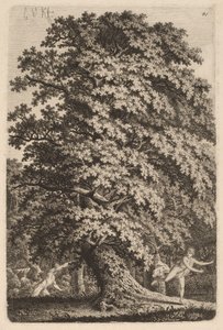 A Large Oak Tree in Woodland. A Young Man with a Spear Follows a Young Girl.