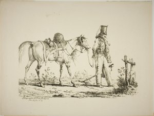 Hussar Walking in Front of His Horse, Smoking a Pipe by Carle Vernet