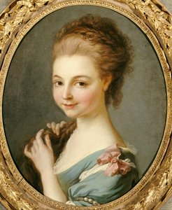 A Girl in a Blue Dress with a Pink Ribbon