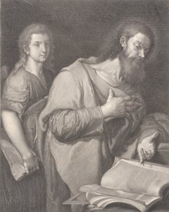 Saint Matthew, standing before a book at right with a hand on his chest, another man behind