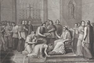 A Woman Kneels to Kiss the Foot of Pope Pius VII, with a Crowd Behind Her by Carlo Lasinio