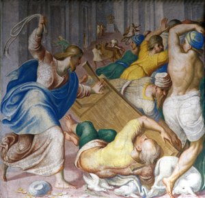 Jesus Christ drives out merchants at the gates of the Temple. Fresco by Carlo Urbino. Milan, S. Maria della Passione by Carlo Urbino