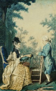 A Lady Seated on a Terrace Embroidering on a Tambour, with a Little Boy Standing in Front of Her
