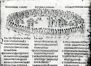 Illustration of a scene from one of the Psalms, from the Utrecht Psalter, copy of original from Reims now in Utrecht University Library