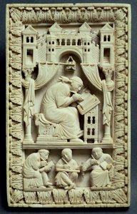 St. Gregory writing with scribes below, Franco-German School, c.850-875 by Carolingian School