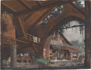 Architectural Fantasy of Antique Ruins with a Watermill by Caspar Wolf