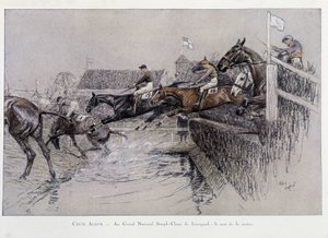 The Grand National Steeple Chase in Liverpool: The Jumping of the River - drawing by Cecil Aldin by Cecil Charles Windsor Aldin