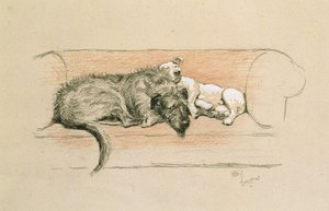 Wolfhound and Bull Terrier Asleep on a Sofa by Cecil Charles Windsor Aldin