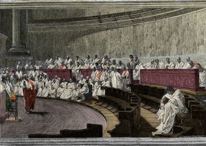 Cicero denounces the conspirator Catilina on 8 November 63 BC, The scene takes place in Rome in the Senate, engraved after the fresco made between 1882 and 1888 by Cesare Maccari. Rome Palazzo Madama by Cesare (after) Maccari