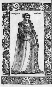Renaissance: a Roman Courtesan in the 16th Century. Engraving from 