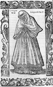 Renaissance: a courtesan at the time of Pope Pius V (1566-1572). Engraving from 