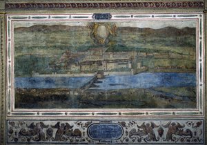 View of the city of Innsbruck, Austria. View of the cities of the Habsburg Empire. Fresco of the Michelozzo Court at the Palazzo Vecchio in Florence. Painting by Sebastiano Veronese Giovanni Lombardi, Cesare Baglioni and Turino da Piamonte, circa 1565 by Cesare Baglioni