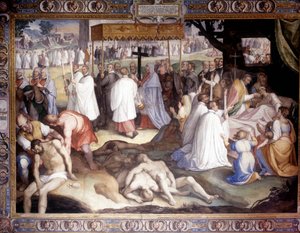 Plague of Milan: Saint Charles Borromeo (1538 - 1584) communates the moribunds. Fresco by Carlo Nebbia at Borromeo College in Pavia. 16th century by Cesare Nebbia