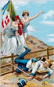 First World War: Poster Depicting an Allegory of Italy and France Chasing Germany Beyond the Border by Cesare Tallone