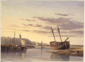 Fishing Boats in Rye Harbour, with a Windmill in the Distance