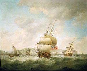 Trading ship and a royal yacht beaten in the wind, off the coast of Dover by Charles Brooking