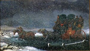 A Stagecoach Fording a Stream in a Snowstorm