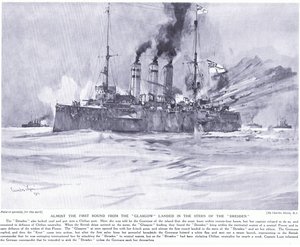 Almost the First Round from the Glasgow Landed in the Stern of the Dresden by Charles Edward Dixon