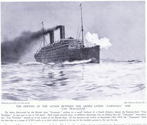 The opening action between the armed liners Carmania and Cap Trafalgar, South Atlantic, September 1915 by Charles Edward Dixon