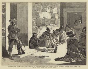 Sketches from South Africa, the Eldest Son of the Late Kaffir Chief Sandilli and his Followers awaiting trial in the Yard of the Court House, King William
