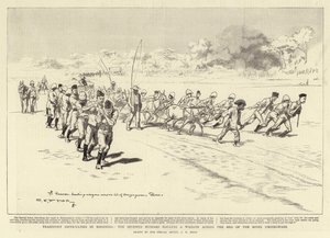 Transport difficulties in Rhodesia, the Seventh Hussars hauling a Waggon across the Bed of the River Umzingwane