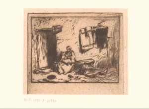 Woman with Child on a Bench Against a Wall by Charles Emile Jacque (attributed to)