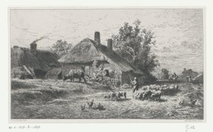 Shepherd with Flock on a Road beside a Farmhouse by Charles Emile Jacque