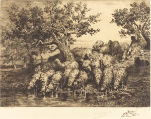 Sheep at the Watering Place by Charles Emile Jacque