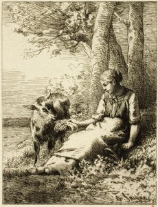 Shepherd with Flock of Sheep at Edge of Wood by Charles Emile Jacque