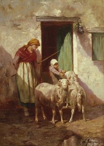 Shepherdess with a Child and Two Sheep by Charles Emile Jacque
