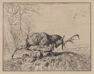 Stag Fighting a Wolf, after Antoine Louis Barye by Charles Emile Jacque